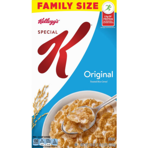 13 g of protein. 6 g from milk. 7 g from cereal. Per 1-1/4 Cup Serving: 150 calories, 0 g sat fat (0% DV), 270 mg sodium (12% DV), 5 g total sugars. See nutrition facts for as prepared information. Toasted rice cereal. Eat well. From easy meal ideas to simple food swaps everything you need to know about enjoying simple and healthy recipes with real ingredients that taste great. Move more. Whether you're looking to start - or refresh a regular exercise routine, try these easy real-world ways to get more activity into your day. Feel good. From being mindful during the workday to turning your bedroom into a sleep sanctuary, find ways to stress less and enjoy life more. Live easy. Streamline your morning routine. Organize your work desk. Declutter your home. Get totally doable strategies for hacking daily life. You can’t fake delicious. Rise and shine. Power your day. kelloggs.com. keepitk.com. Connect with K. keepitk.com. Open camera or qr reader & scan code. Experience a whole new way to connect with Special K'! Simply scan the code above to unlock a breadth of health and wellness hacks, videos and more to help you stay motivated and well-informed. Questions or comments? Visit kelloggs.com call 1-800-962-1413. Provide production code on package. did you know? Explore all the good stuff you may not know about your favorite cereals at kelloggs.com/DidYouKnow. Kellogg's Family rewards. Learn more at kfr.com. Bakery Confectionery. BCTGM: Union made. Tobacco workers & grain millers. AFL-CIO CLC. Certified 100% recycled paperboard.