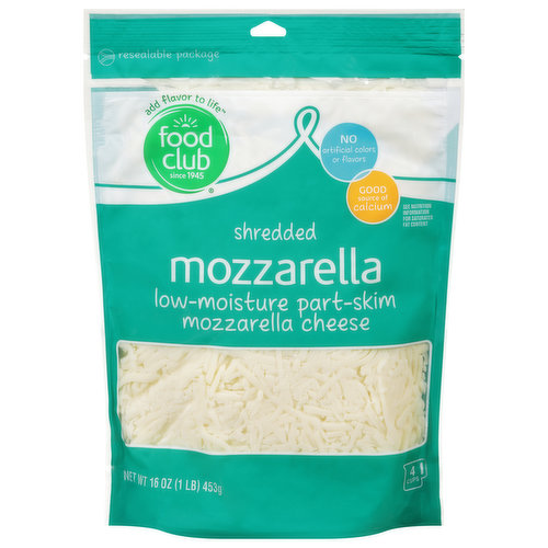 Food Club Shredded Cheese, Part-Skim, Low-Moisture, Mozzarella