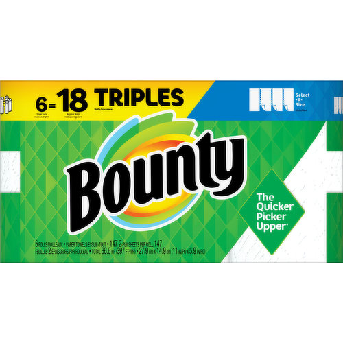 Spilled your drink? Quick! The Quicker Picker Upper. Be ready to tackle messes and spills with Bounty Paper Towels! Each sheet is 2x more absorbent, so you can use less and pick up spills and messes quicker than the leading ordinary brand. That’s why Bounty is the Quicker Picker Upper! Bounty Paper Towels are available in two sheet sizes, Full Sheet and Select-A-Size, so you can choose which option works best for you. Bounty Select-A-Size towels are versatile, so you can choose your sheet size depending on your mess. And if you’re buying the bigger packs, you’ll always have Bounty on hand. Bounty has a variety of pack and roll sizes to fit your needs. Bounty products are proudly made with American jobs and we’re fully committed to creating solutions for a sustainable future. Across all our products, we consider the impact on people, forests, and the world. That’s why for every tree we use, at least two are regrown so you can conveniently and confidently clean messes in the kitchen and around the house knowing Bounty Paper Towels is helping to keep forests greener. Bounty always has your back in and out of the kitchen so whether it’s juice on the counter or ice cream on the table, we make sure spills won’t stand a chance.*vs. leading ordinary brand