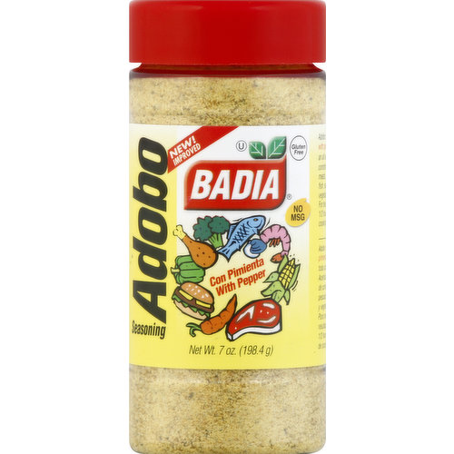 New! Improved. Gluten free. No MSG. Adobo seasoning with pepper is all around condiment for meats, poultry, fish, seafood, and vegetables. Visit our website: www.badiaspices.com. Please recycle! Packed in USA.