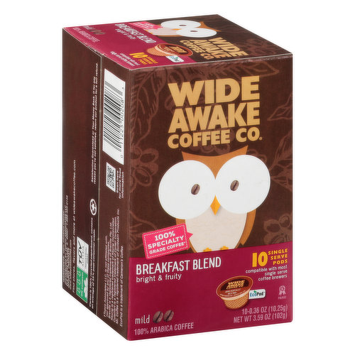 Wide Awake Coffee Co. Coffee, Mild, Breakfast Blend, Single Serve Pods