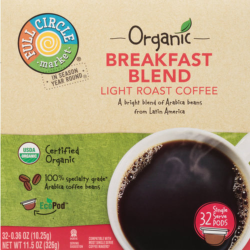 Full Circle Market Coffee, Organic, Light Roast, Breakfast Blend, Single Serve Pods