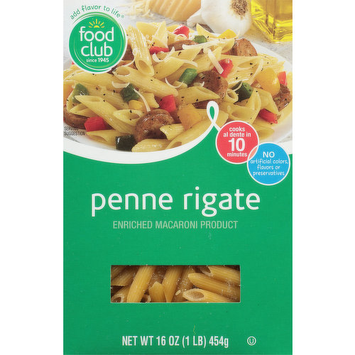 Add flavor to life. Since 1945. Cooks al dente in 10 minutes. Make dinner a delight! Our Food Club Penne Rigate deliciously embraces sauce for maximum delight. Product is sold by weight, not volume. Product may settle. Please recycle. Recyclables should always be clean and dry. Check local guidelines for specific instructions and what is accepted in your area.
