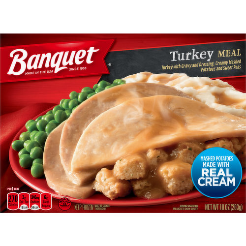 Must be cooked thoroughly. Mashed potatoes made with real cream. Banquet invites you to pull up a chair and enjoy classic, made-in-America comfort food. Like you, we believe in quality and good, honest value and trust you'll taste it in our homestyle Turkey Meal complete with gravy and dressing and served with creamy mashed potatoes and a side of sweet peas.