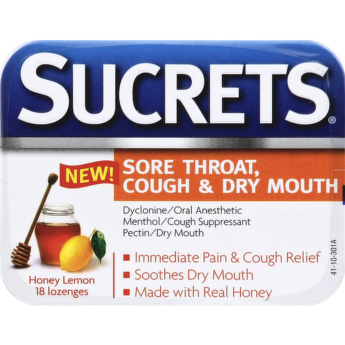 Sucrets Sore Throat, Cough & Dry Mouth, Lozenges, Honey Lemon