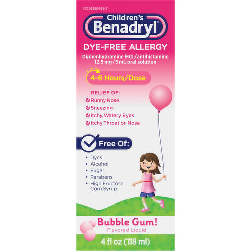 Benadryl Allergy, Dye-Free, Bubble Gum Flavored, Liquid