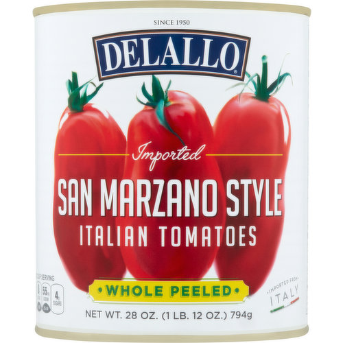 Delallo Italian Tomatoes, San Marzano Style, Whole Peeled