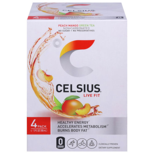 Celsius Energy Drink, Peach Mango Green Tea, Non-Carbonated, 4 Pack