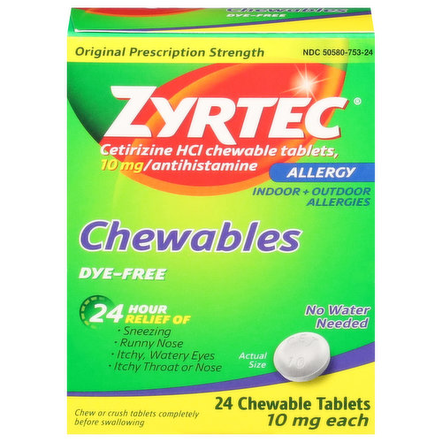 Zyrtec Allergy, Original Prescription Strength, 10 mg, Chewable Tablets