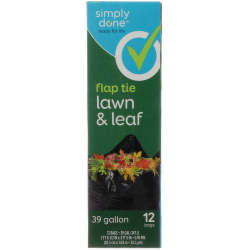OH THE JOY OF JUMPING IN THE LEAVES - THE AFTERMATH - NOT A PROBLEM! CLIPPINGS AND BRANCHES - BRING IT! BE READY TO STUFF, TIE AND TOSS WHATEVER THE WIND BLOWS YOUR WAY WITH HIGH QUALITY, AFFORDABLE TRASH BAGS FROM SIMPLY DONE.
THIS CARTON IS MADE WITH 100% RECYCLED MATERIAL.
WARNING: TO AVOID DANGER OF SUFFOCATION, KEEP THIS PRODUCT AND ALL PLASTIC BAGS AWAY FROM BABIES AND CHILDREN. DO NOT USE THESE BAGS IN CRIBS OR BEDS.
QUALITY GUARANTEE - IF YOU ARE NOT 100% SATISFIED, RETURN OUR PRODUCT FOR A FULL REFUND.
SFI-01045
NOT RECOMMENDED FOR FOOD STORAGE.
FOR PATENT INFORMATION SEE WWW.INNOVATIVEPATENT.COM
COPYRIGHT TOPCO PREA1217