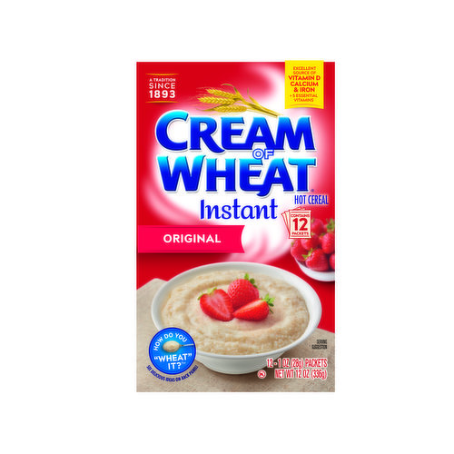 Cream of Wheat Instant hot cereal gets your morning off to a great start with delicious single-serve packets that you can prepare in the microwave. Enjoy the classic taste and smooth texture of Cream of Wheat hot cereal for a delicious breakfast. When you're in a rush, you can also toss these Cream of Wheat packets in your bag for a quick and easy meal at work or on-the-go. With five essential vitamins, this hot breakfast cereal is an excellent source of calcium and iron, so you can feel good about what you’re eating. Cream of Wheat instant hot cereal is also certified kosher for those who have certain dietary restrictions. Mix Cream of Wheat with water or milk and microwave on high for one minute to one minute and 30 seconds. Stir for one minute before serving for best results.