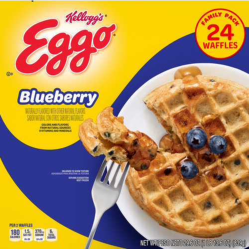 Naturally flavored with other natural flavors. Per 2 Waffles: 180 calories; 1.5 g sat fat (8% DV); 370 mg sodium (16% DV); 6 g total sugars. 9 vitamins and minerals. Homemade taste kids love. A Waffully good joke: Q: How does a waffle hold syrup? A: In its pockets. How to Eggo (It's super easy). Colors and flavors from natural sources. how2recycle.info. kelloggs.com. Facebook.com/Eggo. Questions or comments? Visit kelloggs.com. Call 1-800-962-1413. Provide production code on package. Kellogg's Family Rewards: Collect points. Earn rewards. Two easy ways to collect points! Go to kfr.com to learn more. Give me a try, too! Kellogg's Eggo Minis Pancakes. Certified 100% recycled paperboard.