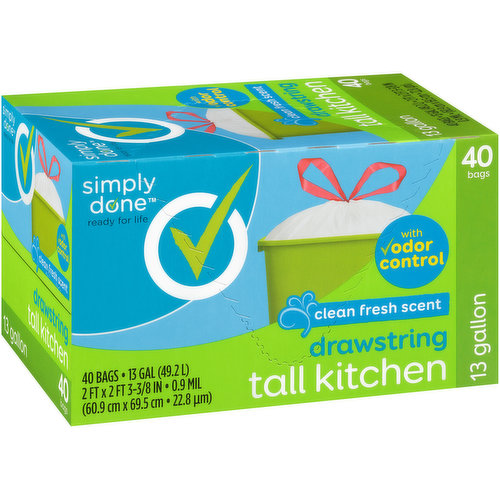 Simply Done Tall Kitchen Bags, Drawstring, Clean Fresh Scent, 30 Gallon - 40 bags