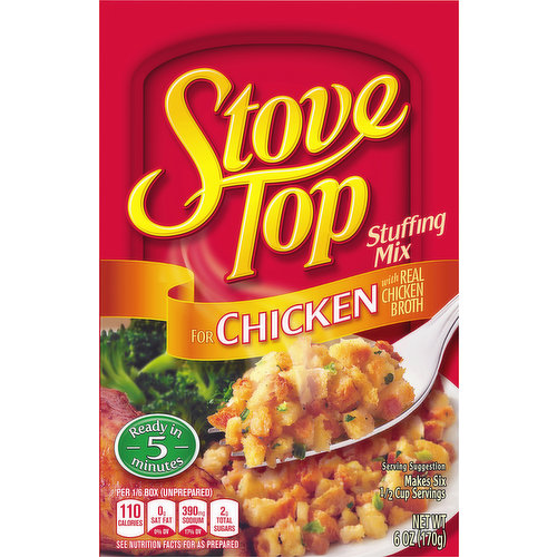 Make any family dinner something to celebrate with Kraft Stove Top Chicken Stuffing Mix. A blend of fresh baked bread crumbs with real chicken broth is the perfect pairing for roast chicken and brings a soft, fluffy texture in every forkful. Each box comes packed with a dry, pre-seasoned stuffing mix. Simply add water and butter or margarine for a stuffing that tastes like it was made from scratch! Can easily be made in the microwave as well. Delicious served as is alongside your holiday dinner or in recipes such as a bruschetta chicken bake. Each 6 ounce box of this easy stuffing makes six servings and can be enjoyed stuffed in your Thanksgiving turkey or as an addition to any meal year round.