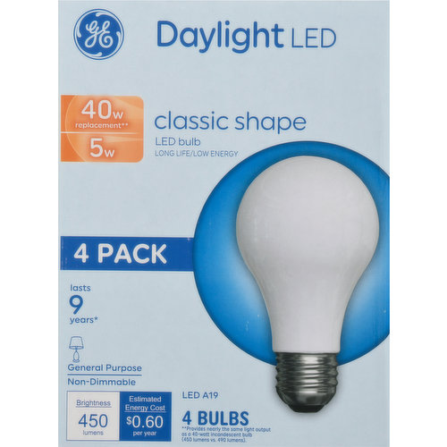 GE Light Bulbs, LED, Daylight, Classic Shape, 40 Watts, 4 Pack