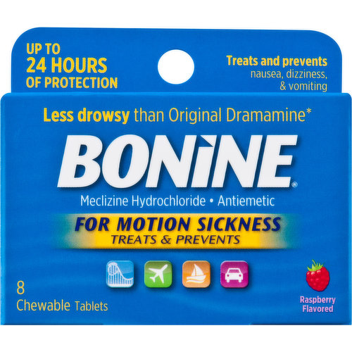 Bonine Meclizine Hydrochloride, Antiemetic, Raspberry Flavored, Chewable Tablets