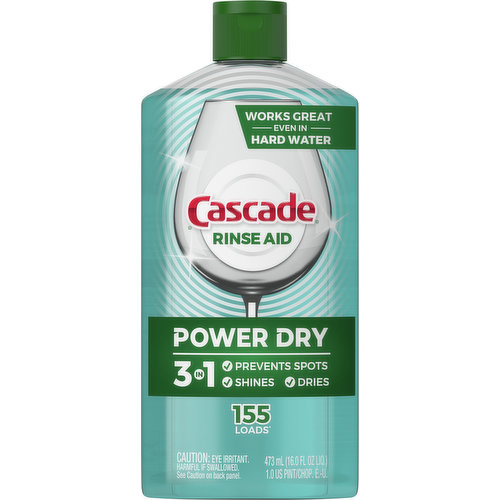 Cascade Power Dry Rinse Aid has three benefits in one product to Prevent Spots, Dry, & Shine your dishes. Cascade Power Dry Rinse Aid delivers an Unbeatable Dry* because its sheeting action helps prevent dish water from clinging to your dishes during your machine's rinse cycle so your dishes rinse cleaner, dry faster, and come out dry & shining with virtually no water spots or streaks *vs detergent alone. Plus, Cascade Power Dry Rinse Aid works great even in hard water. Cascade Power Dry Rinse Aid features an easy to pour cap to prevent spills and is easy to use. For best results, refill your dishwash with Cascade Power Dry Rinse Aid monthly. Cascade Power Dry Rinse Aid is recommended by Cascade Detergent. Cascade is the #1 Recommended Brand in North America**  **More dishwasher brands in North America recommend Cascade vs. any other automatic dishwashing detergent brand, recommendations as part of co-marketing agreements