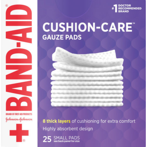 Actual Size: 25 - 2 in x 2 in (5.0 cm x 5.0 cm). Band-Aid - Brand of first aid products. No. 1 doctor recommended brand. 8 Thick layers of cushioning for extract comfort. Highly absorbent design. Tape: Ideal for securing gauze & covers. Wrap/Rolled Gauze: Ideal for securing dressings even on joints. Heals the hurt faster. Ideal for minor cuts, scrapes, and burns. Extra cushioning so you can bounce back. Quilt-Aid Technology wicks away blood & fluid to keep wounds clean. Sterile unless individual wrapper is opened or damaged. Not made with natural rubber latex. www.band-aid.com. Exclusive access to Johnson & Johnson Nurse hotline 1-800-526-3967. Questions? 800-526-3967; Outside US, dial collect 215-273-8755. www.band-aid.com. Care to recycle. Made in China.