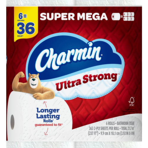 Get sparkly clean with Charmin Ultra Strong. It’s 4X stronger when wet* and has a diamond weave texture. It’s woven like a washcloth and it holds up when you wipe. It even cleans better so you can use less* and go longer without changing the roll**. We also made it SUPER MEGA in size, so you get super mega value. That’s right, our Charmin Ultra Strong Super Mega Roll is way bigger, equals 6 regular rolls, and it’s more bang for your behind so you’ll be running back to the store less and less (based on number of sheets in Charmin Regular Roll bath tissue). Our Charmin Ultra Strong toilet paper is also 2-ply and designed to be clog-safe and septic-safe so you can flush confidentially and keep clean. We all go, why not Enjoy The Go with America’s favorite toilet paper***.*vs. leading USA 1-ply bargain brand** vs. Charmin Regular Roll***Charmin Brand based on sales. Source: Nielsen 2021 dollar sales.