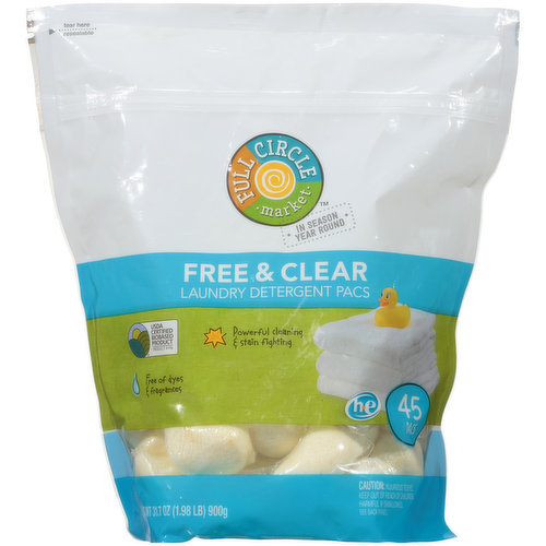 Call 1-888-423-0139 for more information.
Re-seal package and store in a dry place, out of the reach of children.
QUALITY GUARANTEED If for any reason you're not satisfied, we'll give you a full refund.
OUR STORY We believe in pairing the simple goodness of nature with products that really get the job done, and delivering that quality to your neighborhood grocer. With Full Circle Market, better choices and affordable prices are always In Season Year Round.
VSPA0420
Scan here for more information.
USDA CERTIFIED BIOBASED PRODUCT 91% Fights stains. No dyes, fragrances or artificial brighteners. Septic safe.
OUR LAUNDRY DETERGENT PACS Tough on dirt but gentle on clothes, it's a powerful plant-based cleaning agent that's free from dyes and fragrances. Choose a clean you can feel good about!
TOPCO