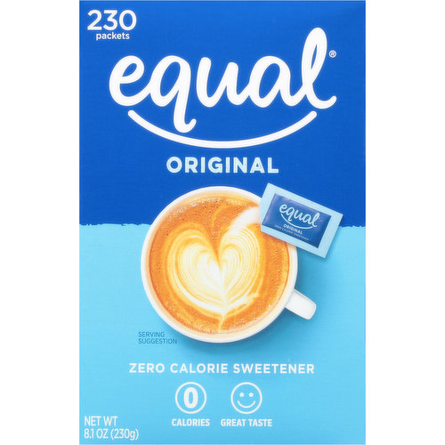Zero calorie. 0 calories. Gluten free. Great taste. Equal is here to make your life sweeter. We provide just the right amount of sweetness, without all the calories, so you can enjoy the moment. We think life is pretty sweet, we want to make it even sweeter. 1 packet = sweetness of 2 tsp sugar. Suitable for people with diabetes. www.equal.com. Questions about Equal? Call toll-free 1-800-323-5316. 100% recycled paperboard. Recyclable.