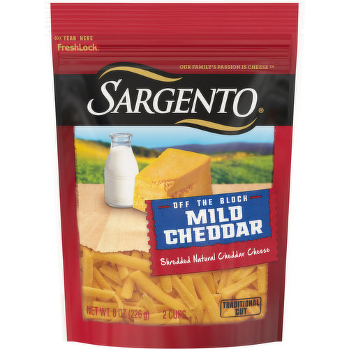 The deliciously mellow flavor of this Sargento® Shredded Mild Natural Cheddar Cheese is perfect for creating gooey nachos and melting over broccoli, cauliflower, omelets, baked potatoes and bowls of chili. Shredded from blocks of real cheese, this fine-cut mild Cheddar brings convenience to your kitchen and a rich, savory finish to all your favorite recipes.
