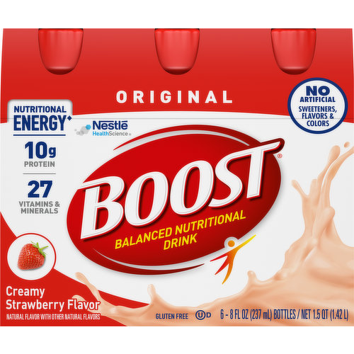 Nutritional energy (Boost original drink is designed to provide nutritional energy with 240 nutrient-rich calories and B-vitamins to help convert food to energy). 27 Vitamins & minerals. Nestle - HealthScience. Immune Support - Discover key nutrients found in Boost nutritional drinks to helps support the immune systems. Key nutrients for immune support - Vitamin C & D, Zinc, iron, & selenium. Vitamins. Protein. Minerals. Boost nutritional drinks help you get more out of life today and tomorrow with tailored nutrition to help meet your needs. Contains no fruit. Balanced nutritional drink to help you be your best! Suitable for lactose intolerance.