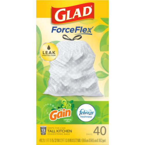 (49.2 l) 1 ft 11-15/32 in x 2 ft 1-3/8 in x 0.72 mil (59.6 cm x 64.5 cm x 18.3 pm) Odor Protection: Leak protection, steadyrelease for long-lasting odor control. Ripguard protection. Leakguard protection. Traps locks neutralizes odors. Grips-the-Can, drawstring bag. Neutralize odors. Long-lasting odor control for even the strongest trash odors, leaving behind a fresh clean scent. www.glad.com. how2recycle.info. Questions? Comments? Visit our website at www.glad.com. Call 1-800-835-4523. We have covered. Small Trash, fits up to 4 gallon cans. Tall kitchen Trash, fits up to 13 gallon cans. Large Outdoor Trash, fits up to 30 & 33 gallon cans. Carton made with 100% Recycled Paperboard. Minimum 35% post consumer content. how2recycle.info. Made in USA of global components.
