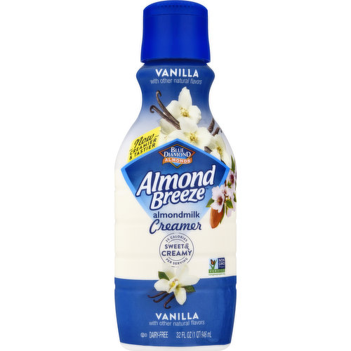 Vanilla with other natural flavors. With other natural flavors. No artificial flavors. 25 calories per serving. Contains 1 g of total fat.  Dairy free. Lactose free. Gluten free. Vegan. Cholesterol free (Almond creamer, a cholesterol & saturated fat-free food). No saturated fat (Almond creamer, a cholesterol & saturated fat-free food). Non GMO Project Verified. nongmoproject.org. Now creamier & tastier. Sweet & Creamy. The best almonds make the best almondmilk creamer. What goes into our smoothest, creamiest, and tastiest almondmilk creamer? Over 100 years of dedication to growing the best almonds, the pride, craft, and care of our almond grower. Co-Op, and a little California sunshine in every satisfying sip. Ultra-pasteurized. Taste guarantee: If you are not satisfied with the taste, we guarantee your money back. For specific details, visit almondbreeze.com. almondbreeze.com. how2recycle.info. Smartlabel Scan barcode woth smartlabel app for more information. Scan for more of our story. Questions or comments? Write Blue Diamond customer support at 1 (800) 987-2329 or support(at)bdgrowers.com. Please include code number found on pack with all inquiries. To learn more, please visit us at www.bluediamond.com/faqs. Environment. To learn more, please visit us at www.bluediamond.com/FAQS. BPA-Free.