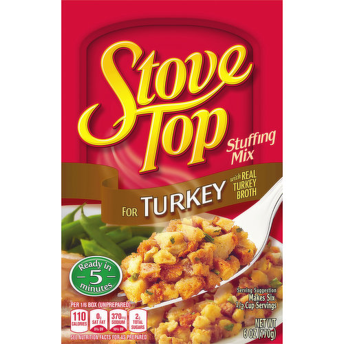 Make any family dinner something to celebrate with Kraft Stove Top Turkey Stuffing Mix. A blend of fresh baked bread crumbs and real turkey broth is the perfect pairing for a holiday turkey and brings a soft, fluffy texture in every forkful. Each box comes packed with a dry, pre-seasoned stuffing mix. Simply add water and butter or margarine for a stuffing that tastes like it was made from scratch! Can easily be made in the microwave as well. Delicious served as is alongside your holiday dinner or in recipes such as easy turkey pot pie. Each 6 ounce box of this easy stuffing makes six servings and can be enjoyed stuffed in your Thanksgiving turkey or as an addition to any meal year round.