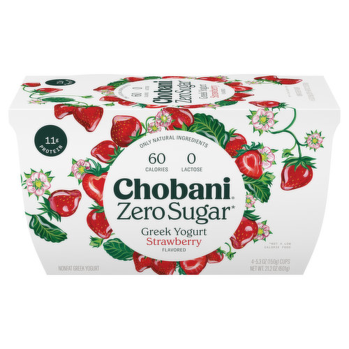 Chobani Yogurt, Greek, Nonfat, Zero Sugar, Strawberry Flavored