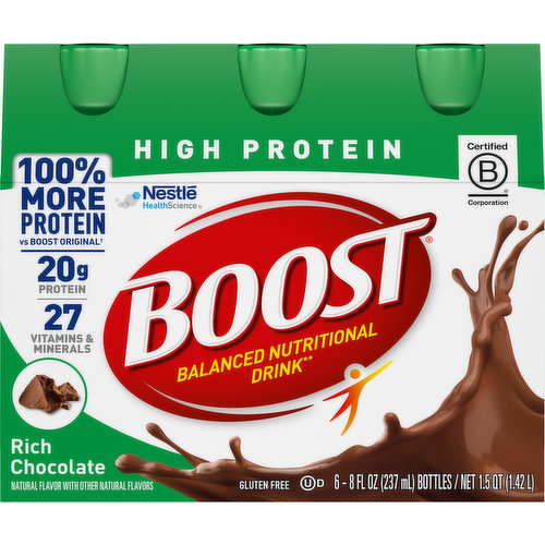 Muscle health & energy (Boost High Protein Drink contains 20 g protein for muscle health and 250 nutrient-rich calories with B-vitamins to help convert food to energy). Key nutrients for immune support vitamins C & D, Zinc, Iron & Selenium. Immune Support: Discover key nutrients found in Boost Nutritional Drinks to help support the immune system. Boost Nutritional Drinks help you get more out of life today and tomorrow with tailored nutrition to help meet your needs. Vitamins; Protein; Minerals. Suitable for lactose intolerance. Balanced nutritional drink to help you be your best! Certified B Corporation.