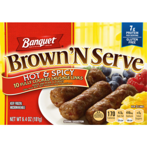 Since 1953. Microwavable. Banquet Brown 'N Serve turkey links are the quick, easy and convenient way to enjoy sausage. Already precooked. Banquet Brown 'N Serve turkey link deliver that fresh, out of the pan taste in minutes. These lite original links are made with a special blend of seasonings and spices that pleases the entire family. It's the perfect addition for a wide variety of breakfast foods!