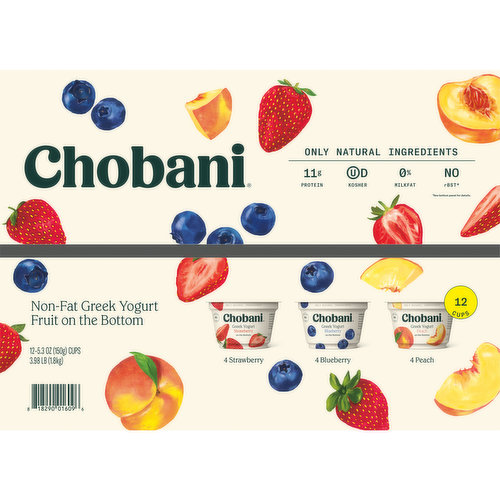 Chobani Yogurt, Greek, Non-Fat, Strawberry/Blueberry/Peach Fruit on the Bottom