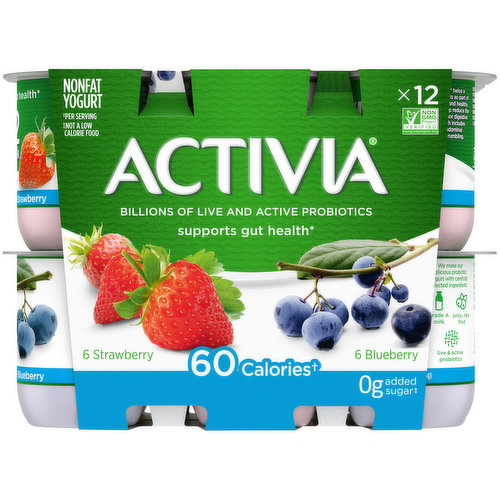 6 strawberry. 6 blueberry. 60 calories (per serving). 0 g added sugar (not a low calorie food). Nonfat. Certified gluten free. Non GMO project verified. nongmoproject.org. Billions of live and active probiotics. Support gut health (Enjoying Activia twice a day for two weeks as part of a balanced diet and healthy lifestyle may help reduce the frequency of minor digestive discomfort, which includes gas, bloating, abdominal discomfort, and rumbling). We are on a mission to help you feel good, starting from the inside. And with our 20 years of devotion to gut health, we make loving your gut easy. That's why we make our delicious probiotic yogurt with carefully selected ingredients and 0g added sugar: Grade A milk + Juicy, ripe fruit + Billions of live & active probiotics. Each cup of Activia 60 Calories needs several hours of slow fermentation to get our smooth & creamy texture. It's our way to help you give your gut some love. Because that's what really counts. Grade A. www.activia.us.com. Facebook. Instagram. Twitter. Get in touch! Call or text 1-877-326-6668. www.activia.us.com. Danone: Part of the Danone Family. With Activia 60 Calories Strawberry & Blueberry Probiotic Nonfat Yogurt, it’s easy to pick a tasty snack without going overboard on the calories. This light probiotic yogurt comes with 60 calories, 0 grams of added sugar**, and 0 grams of fat in every tasty serving. It’s filled with the delicious taste of fruit, along with billions of probiotics. Activia Probiotic Light Yogurt is a choice your gut will thank you for. 

For the last 20 years, Activia has been helping support gut health research*. Every serving of Activia comes with four live and active cultures, plus Bifidus, our exclusive probiotic strain. With our wide and delicious selection of probiotic yogurts and smoothies, we make it easy to help support your gut as part of a healthy lifestyle. 

*Enjoying Activia twice a day for two weeks as part of a balanced diet and healthy lifestyle may help reduce the frequency of minor digestive discomfort. Minor digestive discomfort includes bloating, gas, abdominal discomfort, and rumbling. 
**Not a low-calorie food; For the last 20 years, Activia has been helping support gut health research*. Every serving of Activia comes with four live and active cultures, plus Bifidus, our exclusive probiotic strain. With our wide and delicious selection of probiotic yogurts and smoothies, we make it easy to help support your gut as part of a healthy lifestyle.
