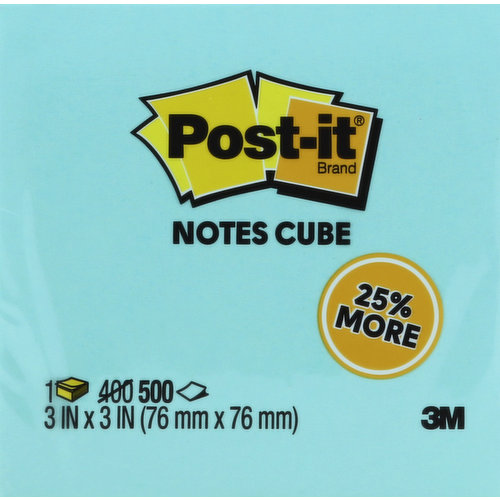 3 in x 3 in (76 mm x 76 mm). 25% more. Notice: Adhesive may mark some surfaces or lift inks. Colors may bleed when wet. Test before using. www.Post-It.com. Post-it notes are recyclable. Made in USA.