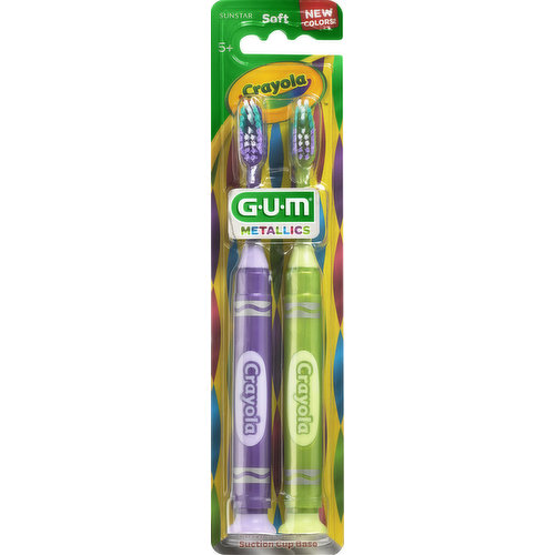 5+. New colors! Metallics. Suction cup base. Gum Crayola marker-shaped toothbrush, in metallic colors, makes brushing fun! Raised tip bristles clean hard-to-reach back teeth. Slim handle design provides an ergonomic hold and easier grip for small hands. Suction cup base holds the toothbrush upright which helps to keep bristles clean and reduces clutter on the counter. Quality Guarantee: Sunstar Americas, Inc. guarantees the quality of this Crayola product. If this product does not perform properly, contact us in the US at 1-800-777-3101, (M-Th 7am-6pm and Friday 7am-5pm CT). GUMbrand.com. Made in China.