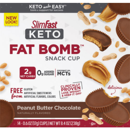 Some delicious combinations you never outgrow. Chocolate and peanut butter join forces for SlimFast Keto Fat Bomb Peanut Butter Chocolate Snack Cups. Crafted for optimal low carb ketogenic nutrition with 2g of net carbs and zero added sugar†, these irresistible Fat Bombs are made with high-quality, satisfying fats, like MCT oils. Supporting your goals no matter how busy life gets, it’s the Keto snack that’s big on flavor and short on compromise. Part of the clinically proven SlimFast Plan, these snacks make Keto as easy as 1-2-3. Enjoy one sensible Keto meal, two SlimFast Keto meal replacements, and three Keto snacks. The SlimFast Plan is clinically proven to help you lose weight fast and keep it off! †Not a low-calorie food.