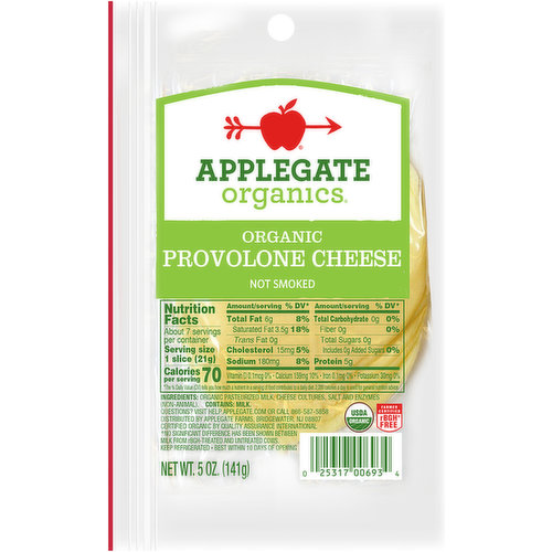 Applegate Organics Cheese, Organic, Provolone