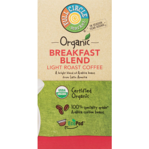 Full Circle Market Coffee, Organic, Light Roast, Breakfast Blend, Single Serve Pods