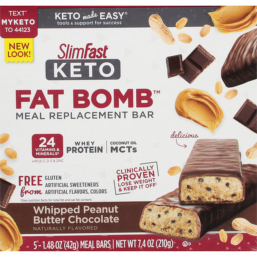 SlimFast Keto Fat Bomb Meal Replacement Bars put Keto convenience in the palm of your hand. Each delicious bar serves up optimal low-carb ketogenic nutrition with ease. All SlimFast keto fat bomb meal replacement bars are crafted with 24 vitamins & minerals to bolster nutrition and MCT oil to help you mind your macros. Free from gluten, artificial sweeteners, flavors, and colors, these bars are everything a keto meal replacement bar should be. They're the bomb!. A taste explosion: Fluffy, filling, and deliciously Keto, the combination of creamy peanut butter and chocolate makes the perfect pair. Whether you enjoy them on-the-go, or leisurely savor every bite, these bars are made to perfectly complement your keto macros. SlimFast Keto Fat Bomb meal replacement bars are the ultimate choice for convenience, and the no-compromise way to crush your keto and nutrition goals. Each bar is packed with everything you need to make your macros count and every bite is exploding with unbeatable craving satisfaction. You'll be blown away!
