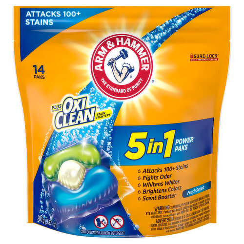 Arm & Hammer Laundry Detergent, Concentrated, Stain Fighters, Fresh Scent, 5 in 1, Power Paks