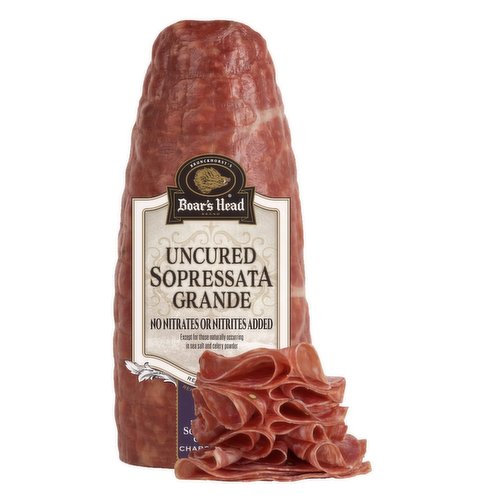 An authentic blend of hand-trimmed, coarsely chopped pork with savory spices, crafted and naturally aged in the Old World tradition.  Boar's Head Uncured Sopressata Grande is an Italian culinary classic with a rich, robust Mediterranean flavor. 