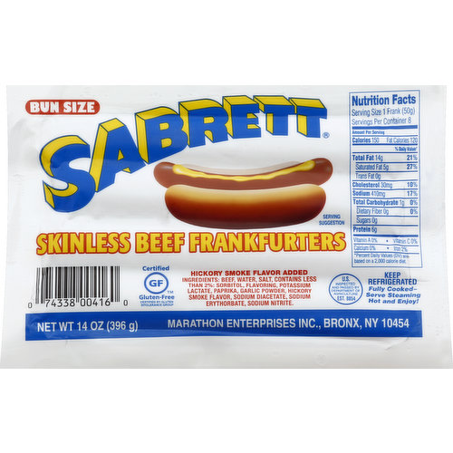 Sabrett Frankfurters, Beef, Skinless, Bun Size