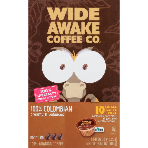 Wide Awake Coffee Co. Coffee, Medium, 100% Colombian, Single Serve Pods