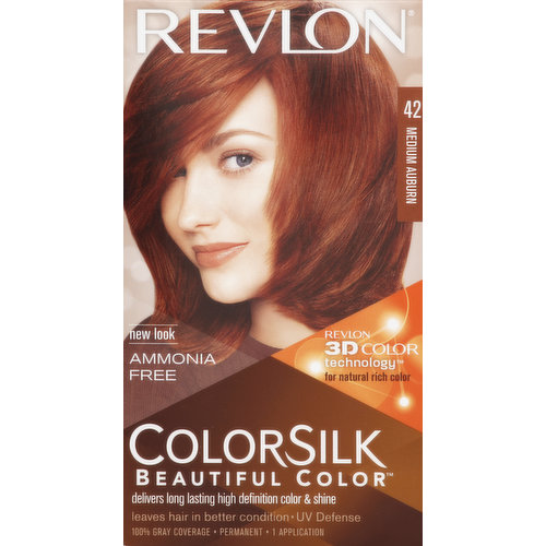 Ammonia free. Revlon 3D Color Technology for natural rich color. Delivers long lasting high definition color & shine. Leaves hair in better condition. UV defense. 100% gray coverage. Revlon ColorSilk with Revlon 3D Color Technology for long lasting, natural looking, multi-dimensional color. Revlon 3D Color Technology: Our Revlon 3D Color Technology, with a combination of specially blended dyes, conditioners and polymers, delivers natural looking, multi-tonal color from root to tip, not only boosting your hair color but also adding definition and dimensionality. The Result: Complete transformed, natural looking, multifaceted color and shine. Silk Proteins & UV Defense: Ammonia-Free Revlon ColorSilk is infused with nourishing silk proteins that penetrate every strand so that hair looks silky, healthy, shiny and in better condition than before you colored. It is also enriched with UV defense to help keep color vibrant, dimensional and true. ColorSilk delivers beautiful color, silky shiny hair and 100% gray coverage. Multi-dimensional color that looks naturally radiant. With apple extract. Revlon 3D Color Technology for natural rich color. Visit us at colorsilk.com. For more information go to colorsilk.com. Package Contents: Ammonia-Free Colorant (2 fl. oz./59.1 ml); Cream Color Developer (2 fl. oz./59.1 ml); After-Color Conditioner (0.4 fl. oz./11.8 ml); Application instructions & gloves. www.revlon.com. Made in USA.