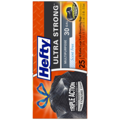 Hefty Trash Bags, Drawstring, Multipurpose, Scent Free, Ultra Strong,  Large, 30 Gallon