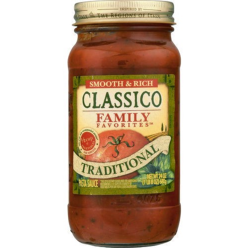 Deliver authentic Italian flavor to your family’s favorite recipes with Classico Family Favorites Traditional Smooth & Rich Pasta Sauce. Our ready-to-use sauce is easy to prepare and offers a rich, flavorful taste.Our sauce combines half a cup of vegetables per serving with the perfect fusion of tomato puree, basil and a hint of spice. Simply simmer and serve our traditional red sauce on your favorite pasta for a delicious meal. Use our gluten-free red sauce on your baked ziti, chicken parmesan or spaghetti and meatballs. Be sure to refrigerate our 24-ounce jar of sauce after opening. Classico has a flavor for everyone in your family, from Family Favorites Traditional Smooth & Rich Pasta Sauce to Vodka Sauce Pasta Sauce.