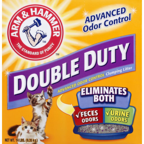 The standards of purity. Eliminates Both: feces odors; urine odors. A secret in the litter box. In 1974, the secret to fighting litter box odors was to add Arm & Hammer Baking Soda in the litter box to eliminate harsh odors. That was then. Now the Arm & Hammer Baking Soda experts have an even better litter secret. Arm & Hammer cat litters. Today's better litter for better odor elimination. Arm & Hammer Double Duty Clumping Litter eliminates both types of odors for Advanced Odor Control. Its breakthrough formula destroys urine and feces odors on contact, and helps keep your home smelling fresh and clean. Here is how it works: Powerful moisture-activated baking soda crystals boosted with feces odor neutralizers destroy urine and feces odors on contact; Rock-solid clumps let you remove the source of odors easily; 99% dust free and low tracking; Fresh scent refreshes litter every time your cat uses litter box. No matter how many cats you have, an odor free home starts with Arm & Hammer, the odor elimination expert. For over 165 years, Arm & Hammer products have provided a safe and effective way to help keep things smelling fresh and clean. Who knows more about odor control? Today's better litter for better odor elimination - Arm & Hammer Clumping Cat Litters. If you're not completely satisfied, we'll refund your purchase price. Questions or Comments? Call us toll-free at: 1-800-524-1328, Monday-Friday 9 am - 5 pm ET, or visit our website at: www.armhammerpets.com. Lost. Less than 2% of lost cats make it home. Even indoor cats are at risk. Get your free (via mail when you buy any two (2) Arm & Hammer Cat Litters) pet ID tag. Millions of cats end up in shelters each year. A visible ID tag increases your pet's chance at being found at returned safely. Go to PetTagOffer.com for details! Made in USA.
