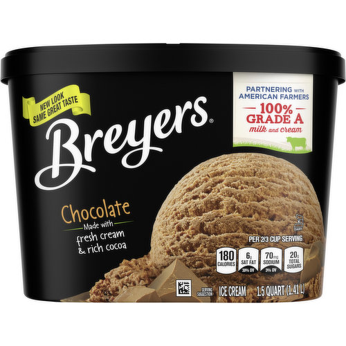 America loves chocolate ice cream, and so do we! Breyers Chocolate Ice Cream is made with Non-GMO sourced ingredients like fresh cream, milk, and sugar and is also gluten-free. And that flavorful chocolate satisfying your taste buds? That’s real cocoa we use in every ice cream tub. It's the chocolate ice cream of your dreams, rich and creamy with just the right amount of sweetness.   When William Breyer started his small ice cream business in Philadelphia in 1866, he based his recipes around simple and pure ingredients. More than 150 years later, we still honor that same philosophy. We always start with high-quality ingredients like fresh cream, milk, and sugar and combine them with naturally sourced colors and flavors for wholesome goodness. This combination is how we create flavors you know and love. Our dairy comes from American farmers who produce 100% Grade A milk and cream from cows not treated with artificial growth hormones*.  Discover your new favorite frozen dessert from Breyers’ many classic ice cream flavors today, like our Homemade Vanilla Ice Cream, Mint Chocolate Chip Ice Cream, Natural Strawberry Ice Cream, and more.   * The FDA states that no significant difference has been shown between dairy derived from rBST-treated and non-rBST-treated cows.